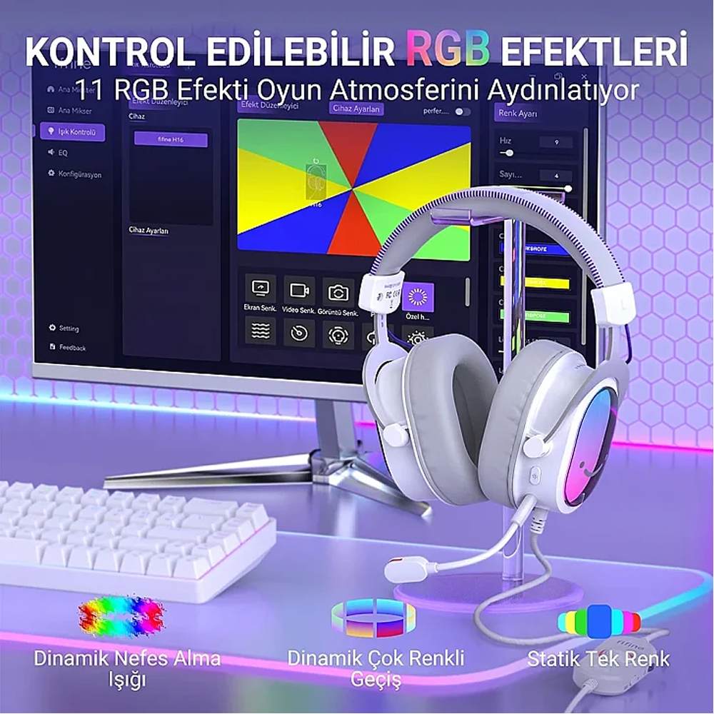 Fifine Ampligame H16 Mikrofonlu 7.1 RGB Beyaz Gaming Kulaklık