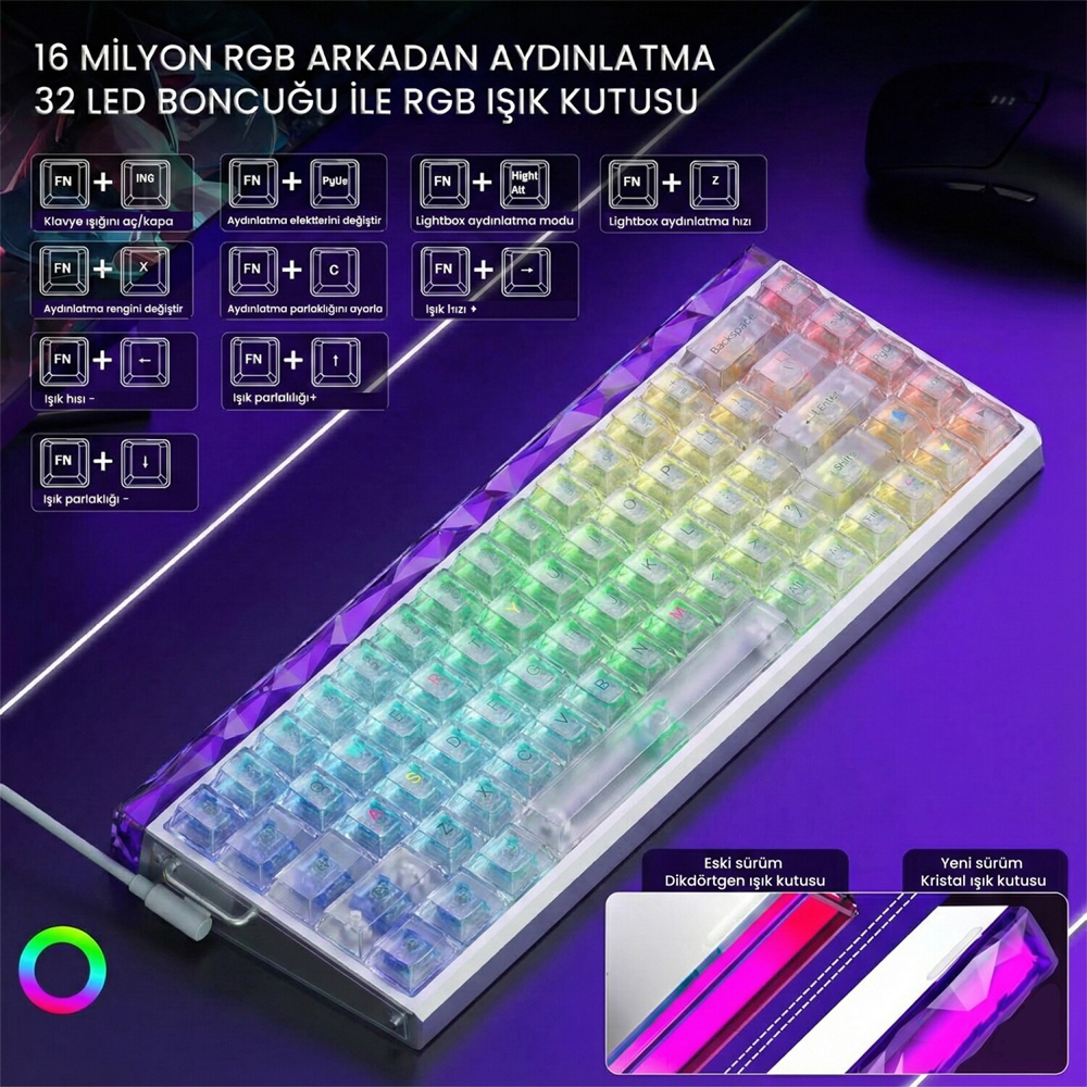 Aula Hero 68 HE Silver Switch Hot Swap TKL RGB Neon Şeffaf Beyaz Kablolu Gaming Klavye