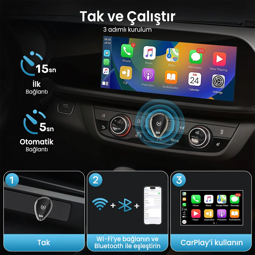 Bix CB01 WIFI CarPlay Android Auto USB Kobloludan Kablosuza Çevirici Adaptör