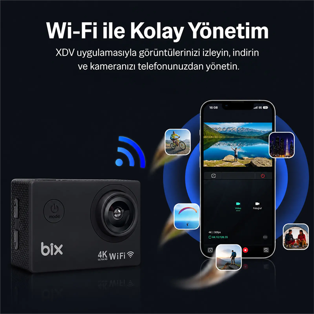 BIX Pulse 2 4K 30FPS 20MP WI-FI Su Geçirmez Kılıflı Siyah Kask Aksiyon Kamera ve Aksesuar Seti