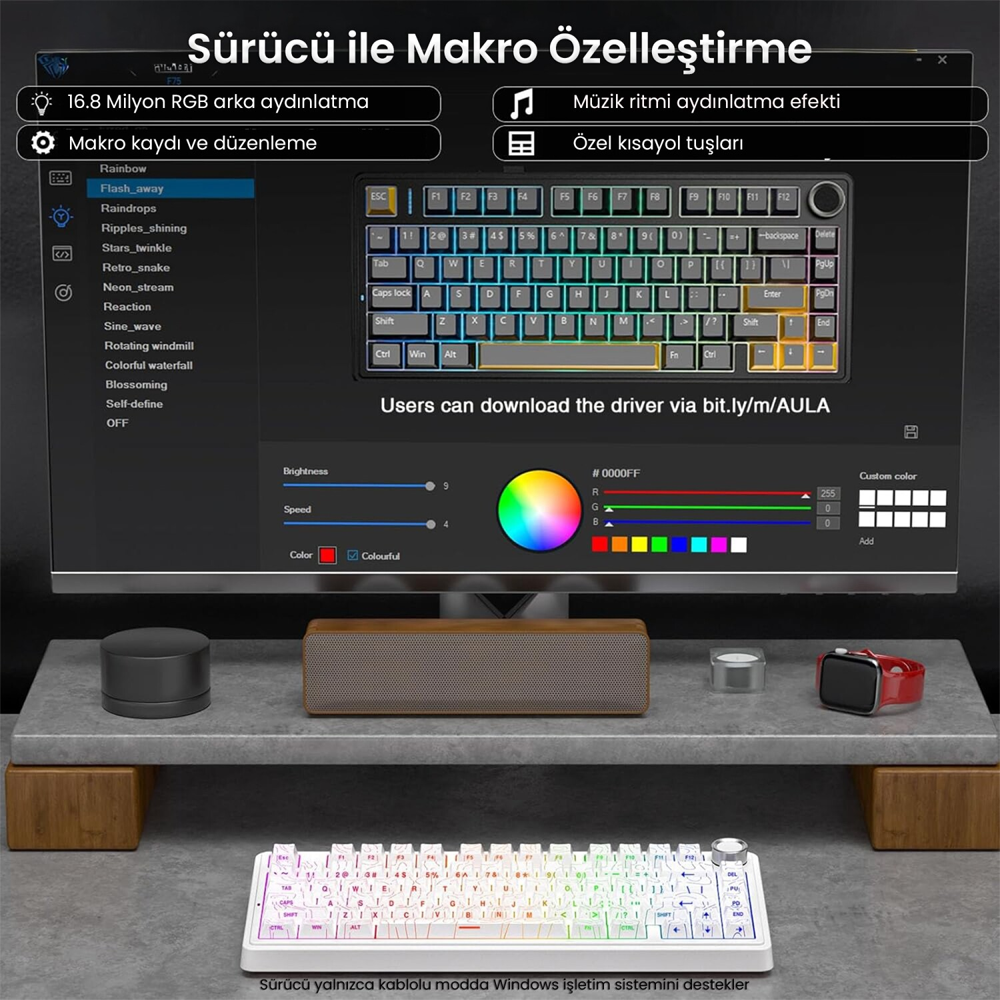 Aula F75 Seiya Switch Hot Swap TKL RGB Desenli Beyaz Kablosuz Gaming Klavye