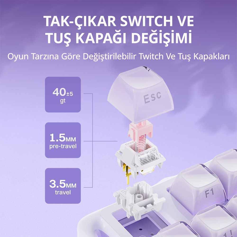 GravaStar Mercury K1 RGB Linear Key Switch İngilizce Q Ice Lavender Purple Kablosuz Gaming Klavye