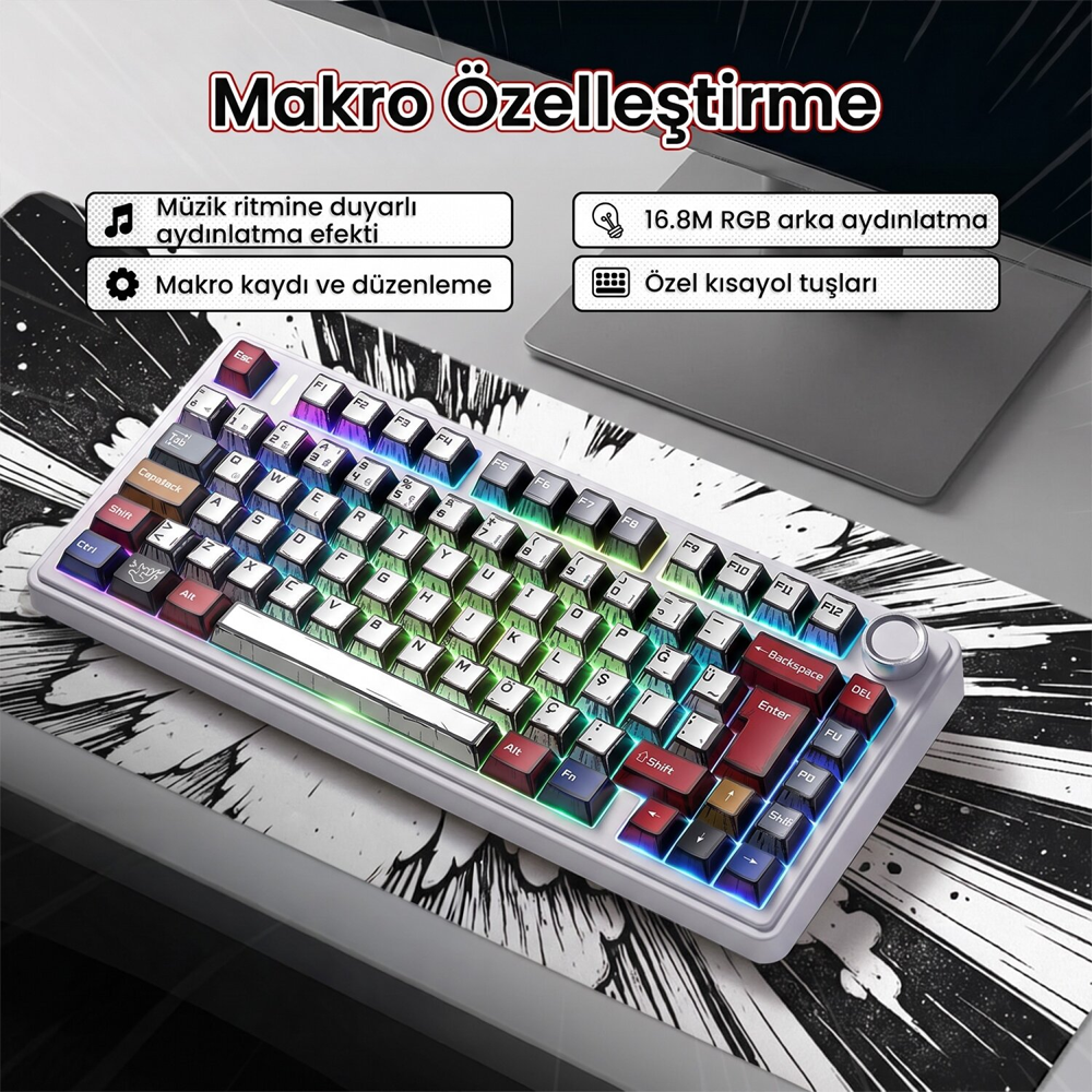 Aula F75 GrayWood V4 Switch Hot Swap RGB Comic Türkçe Kablosuz Mekanik Gaming Klavye