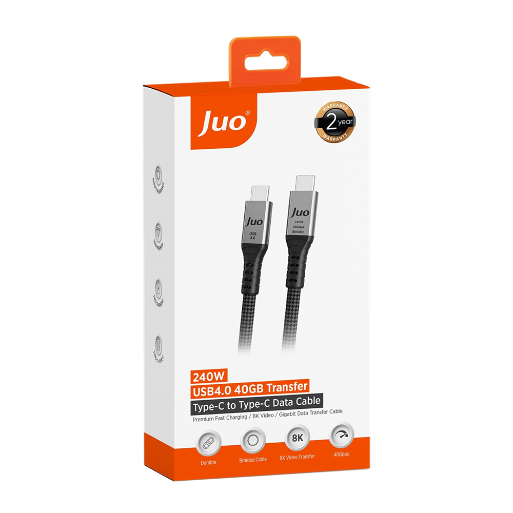 Juo USB 4.0 240W 40Gbps Thunderbolt 4 8K 60Hz USB-C Görüntü Aktarım ve Type-C 2 Metre Hızlı Şarj ve Data Kablosu 