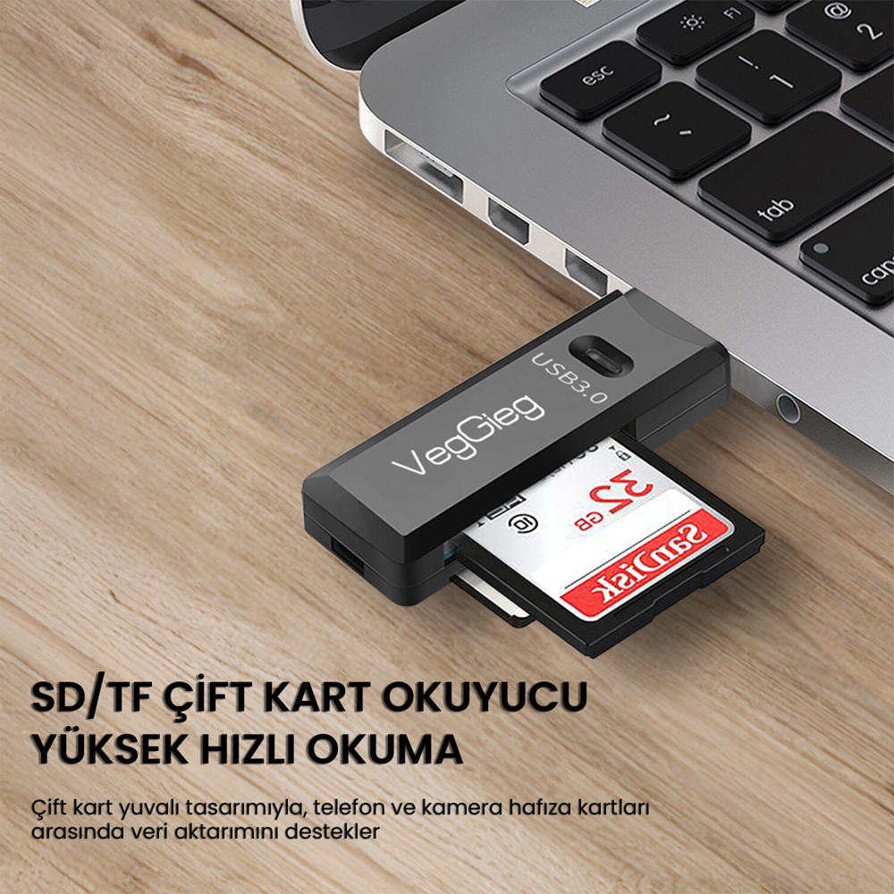 VegGieg USB 3.0 SD ve Micro SD Beyaz Hafıza Kart Okuyucu