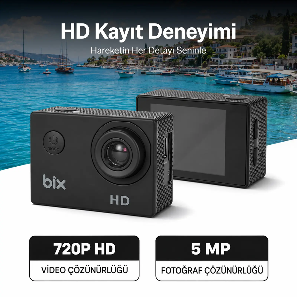 BIX Edge 1 720P 30FPS 5MP Su Geçirmez Kılıflı Siyah Kask Aksiyon Kamera ve Aksesuar Seti