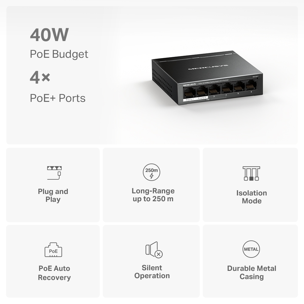 Mercusys MS106LP 6-Port 4-Port PoE 10/100 Mbps Masaüstü Switch