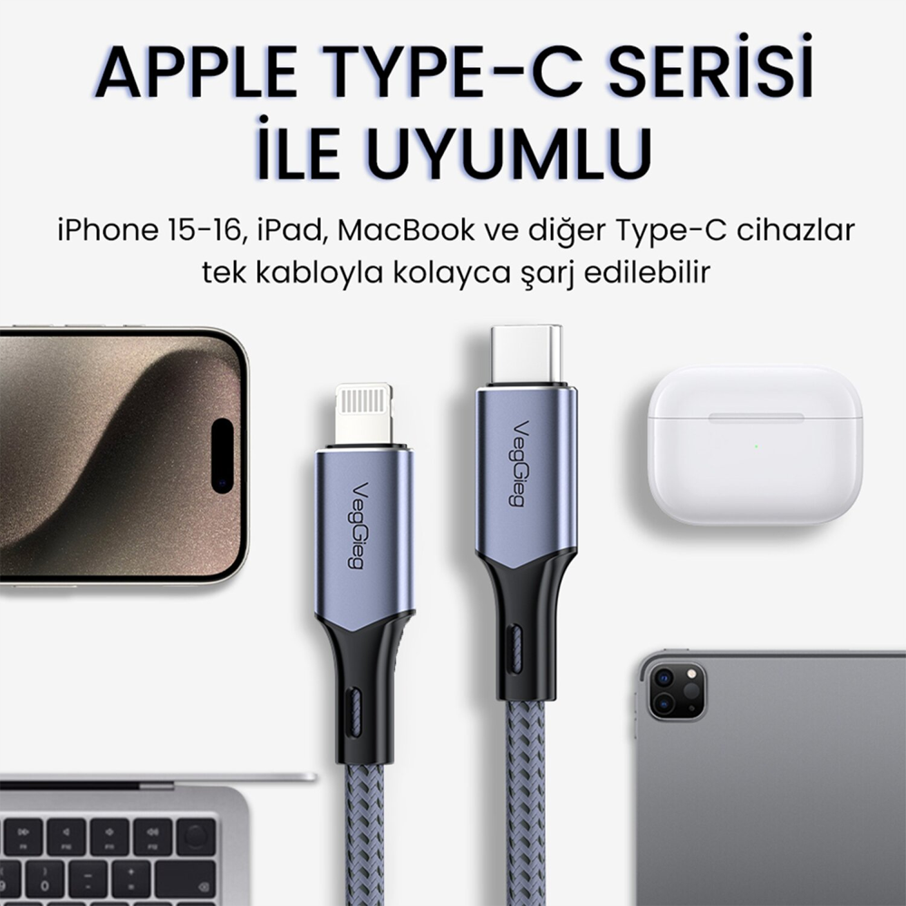 VegGieg 27W 3A Type-C Lightning İphone İpad Hızlı Sarj ve Data Kablosu 2 Metre