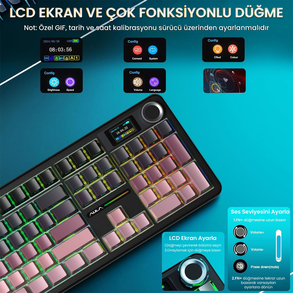 Aula F108 Pro Manyetik Switch Hot Swap RGB Gradyan Pembe Kablosuz Gaming Klavye
