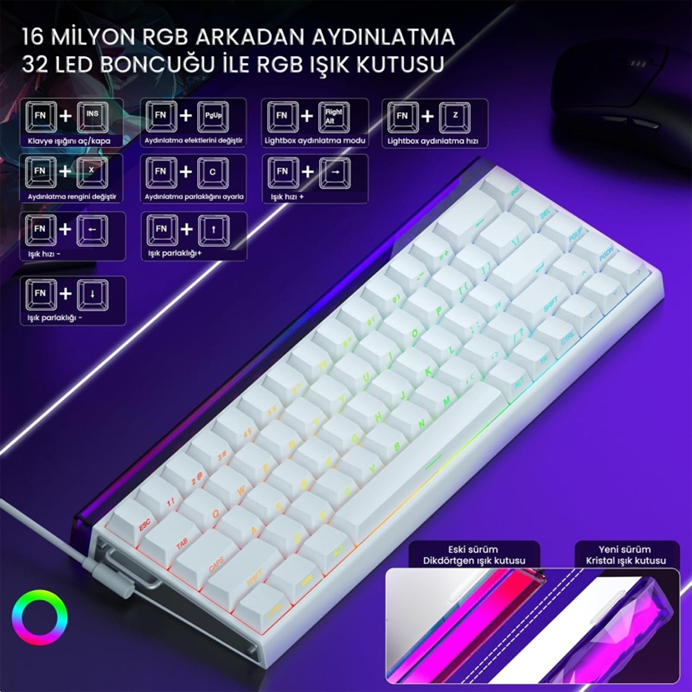 Aula Hero 68 HE Black King Switch Hot Swap TKL RGB Neon Beyaz Kablolu Gaming Klavye