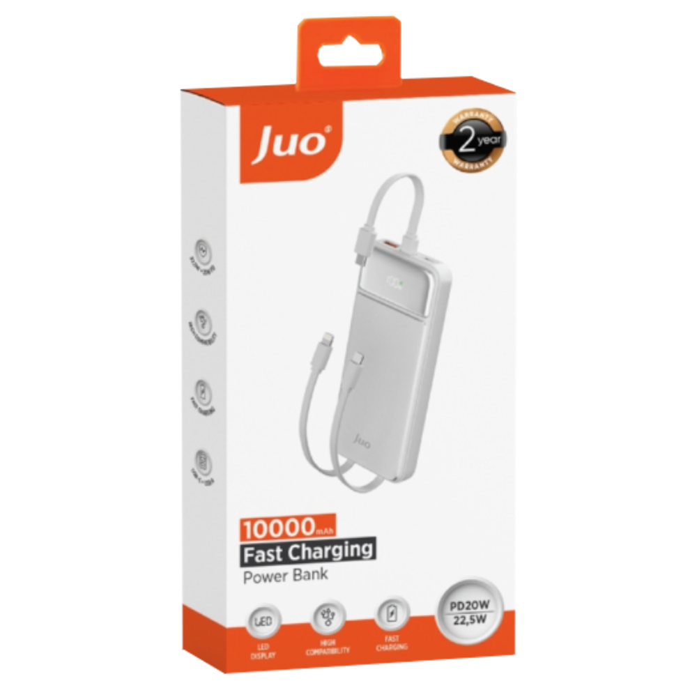 Juo JCP410-W 22.5W 10000mAH Type-C Led Ekranlı Taşınabilir Beyaz Hızlı Şarj Powerbank