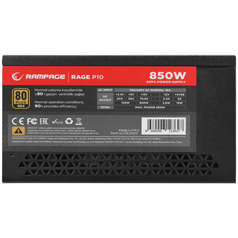 RAMPAGE RAGE P10 850W 80+ Gold 140mm Fanlı ATX3.0 Full Modüler Siyah ATX PSU