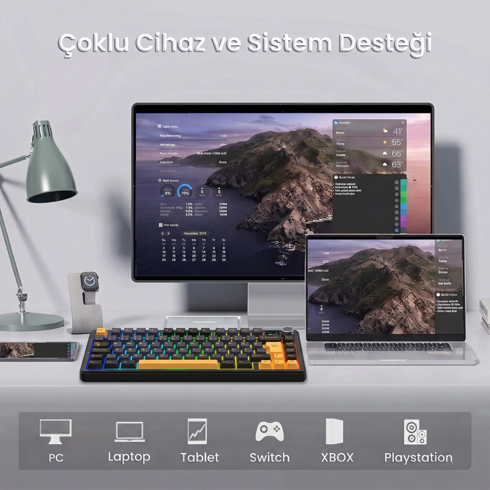 Aula F75 Max GrayWood V4 Switch Hot Swap RGB TKL Siyah Türkçe Kablosuz Mekanik Gaming Klavye
