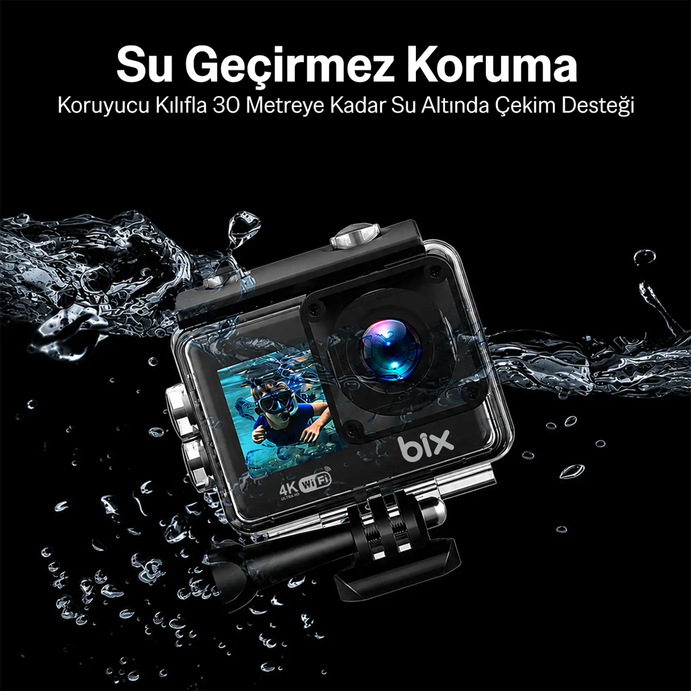 BIX Pulse 1 4K 30FPS 20MP WI-FI Su Geçirmez Kılıflı Siyah Ekranlı Kask Aksiyon Kamera ve Aksesuar Seti