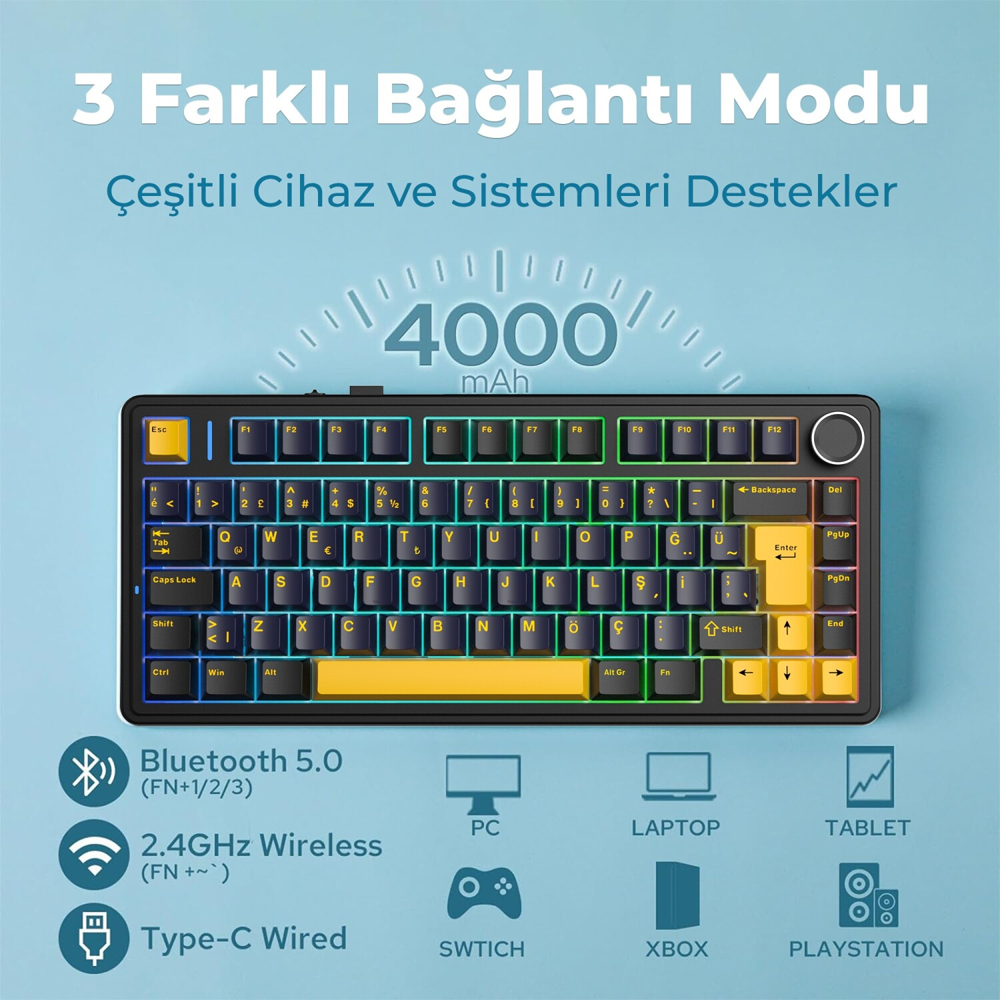 Aula F75 GrayWood V4 Switch Hot Swap RGB Siyah Kablosuz Gaming Klavye
