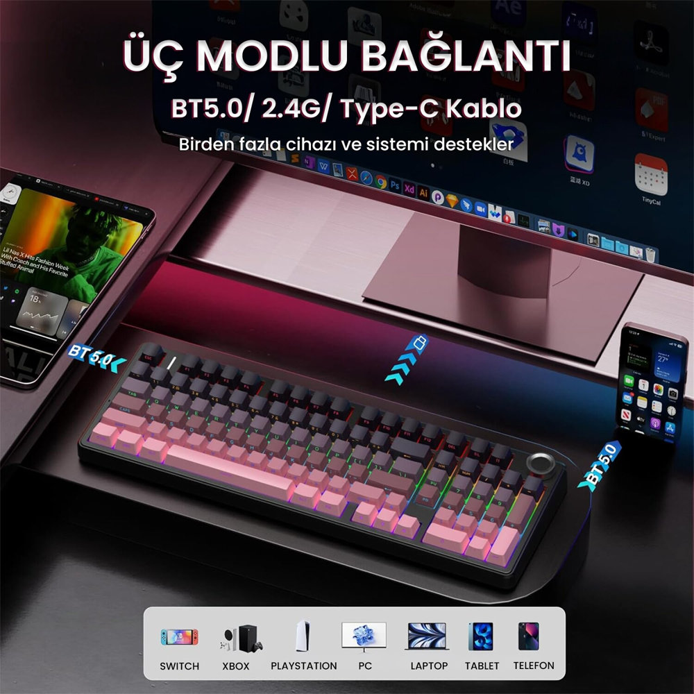 Aula F99 Pro Reaper Switch Hot Swap RGB Grandya Pembe Kablosuz Gaming Klavye
