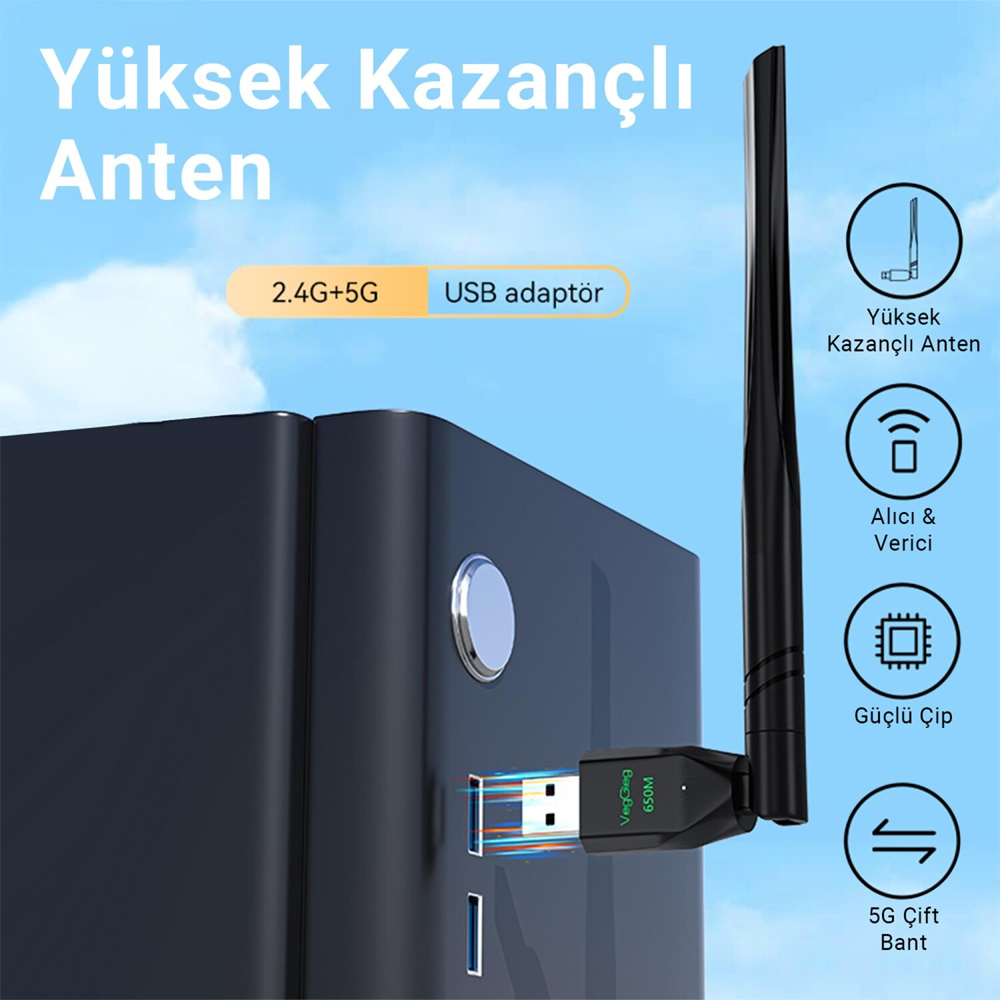 VegGieg 650 Mbps 2.4GHz/5GHz Dual Band Alıcı Verici USB WiFi Adaptör