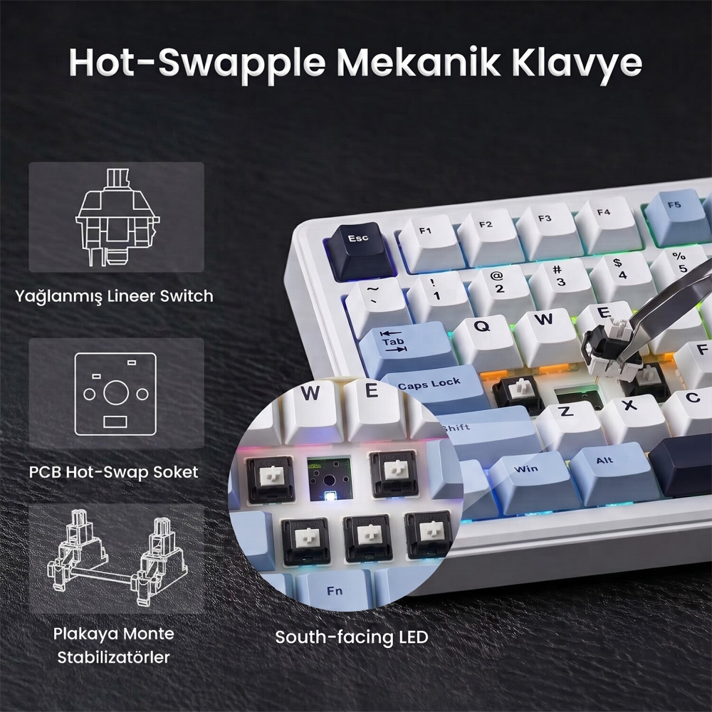 Aula F75 Max GrayWood V4 Switch Hot Swap RGB TKL Lacivert Türkçe Kablosuz Mekanik Gaming Klavye