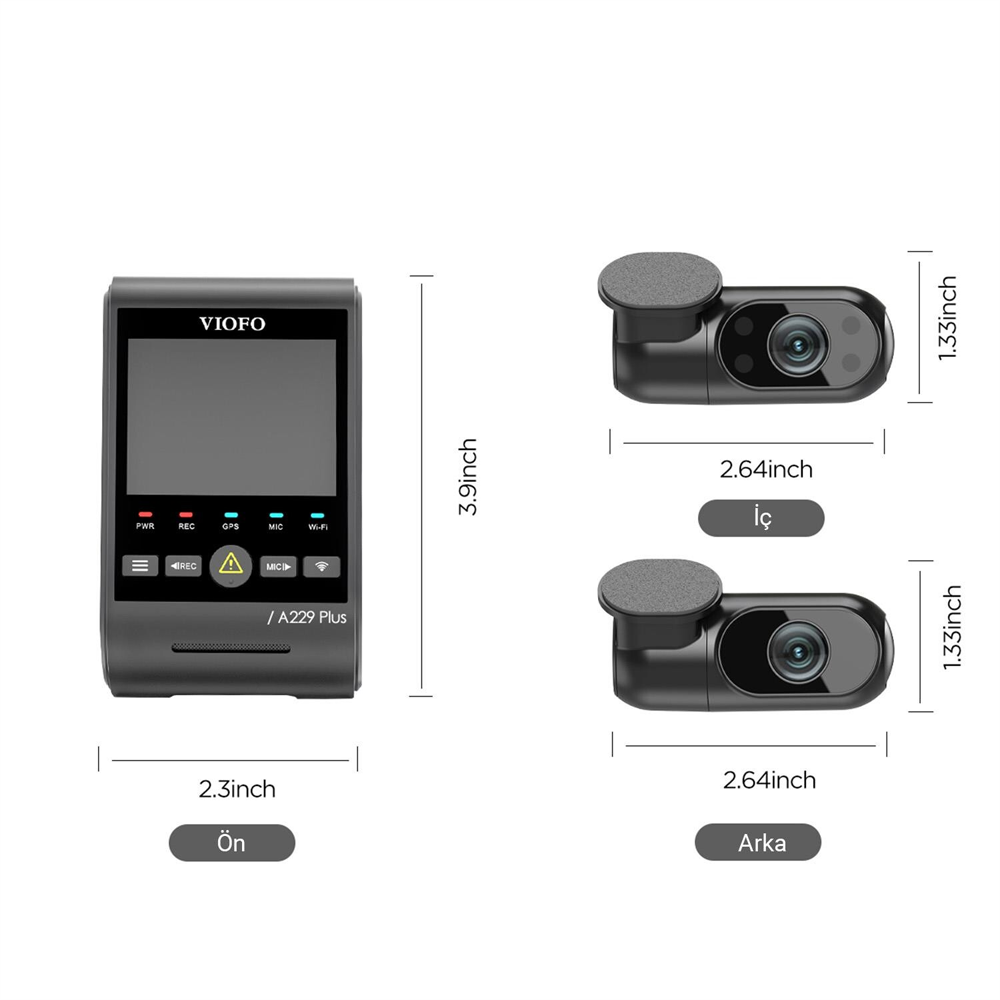 VIOFO A229 Plus 2K 1080P 3 Kameralı HDR Sony Starvis 2 Sensörlü Wİ-Fi GPS'li Araç Kamerası
