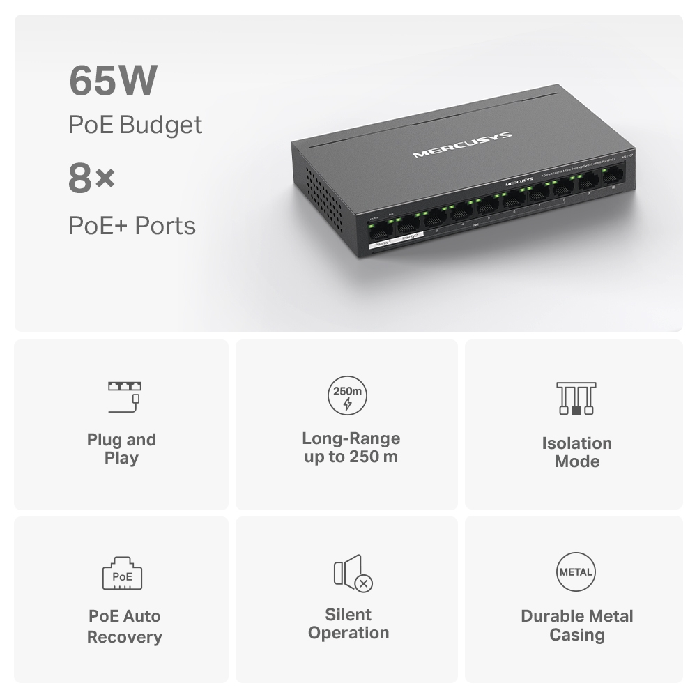 Mercusys MS108GP 8-Port PoE 10 Port 10/100 Mbps Masaüstü Switch