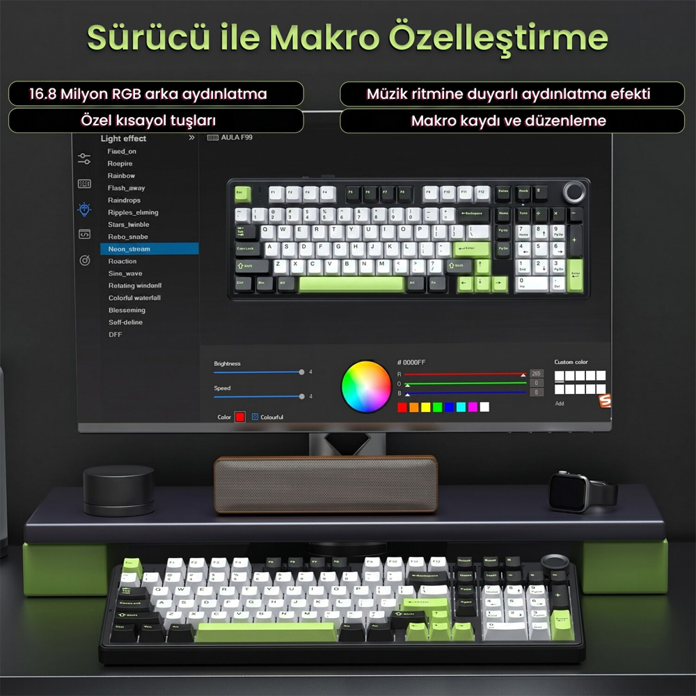 Aula F99 Pro Star Vector Switch Hot Swap RGB Yeşil Kablosuz Mekanik Gaming Klavye