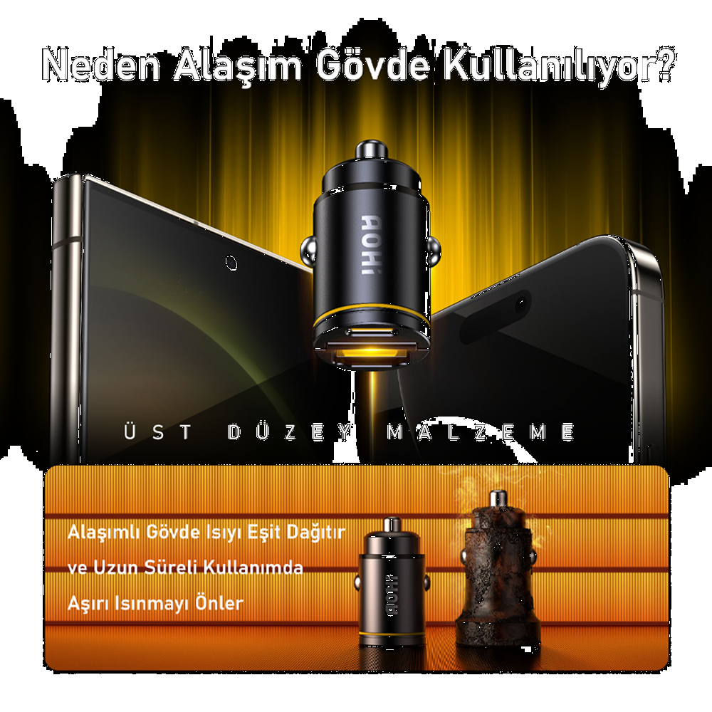 AOHI Superauto Araç İçi Şarjı, 2 Portlu PD 45W Type-C ve USB-A Girişli, USB 30W Siyah Hızlı Şarj Çakmaklık Adaptörü