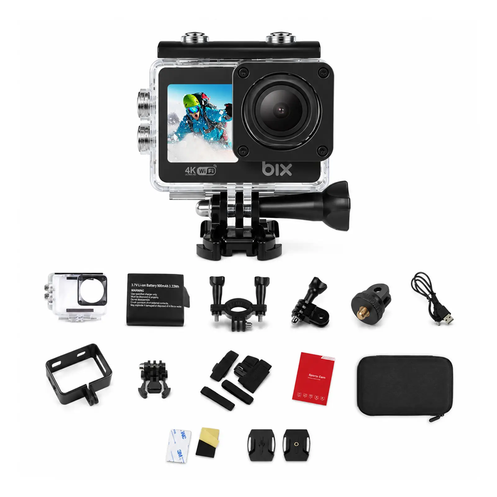 BIX Pulse 1 4K 30FPS 20MP WI-FI Su Geçirmez Kılıflı Siyah Ekranlı Kask Aksiyon Kamera ve Aksesuar Seti