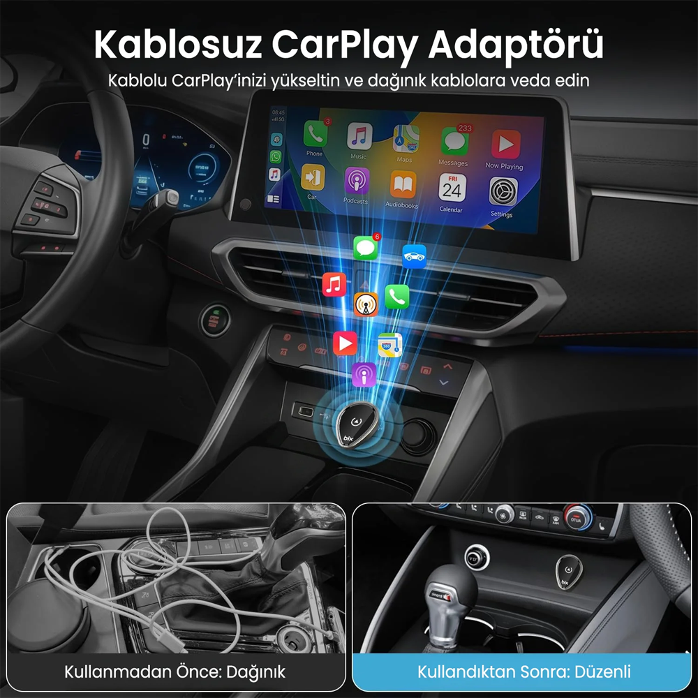 Bix CB01 WIFI CarPlay Android Auto USB Kobloludan Kablosuza Çevirici Adaptör