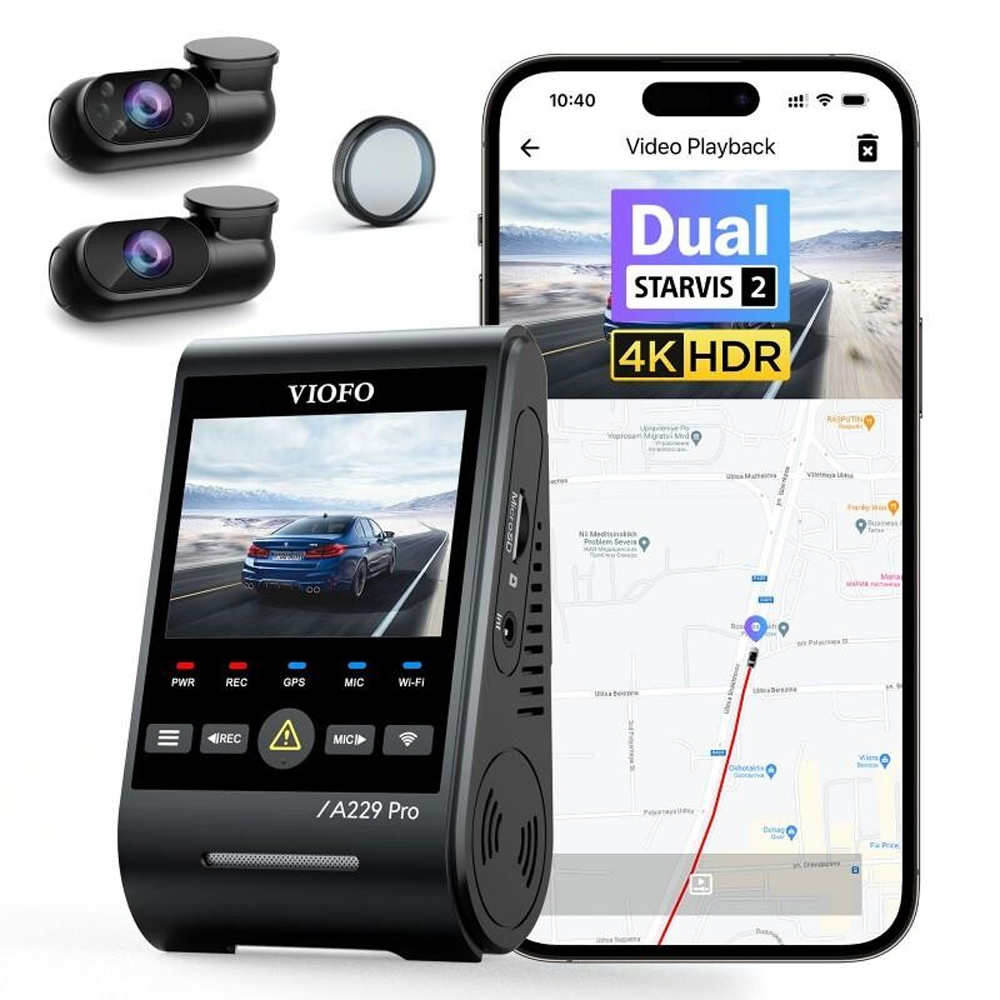 VIOFO A229 Pro 4K 2K 1080P 3 Kameralı HDR Sony Starvis 2 Sensörlü Wİ-Fi GPS'li Araç Kamerası