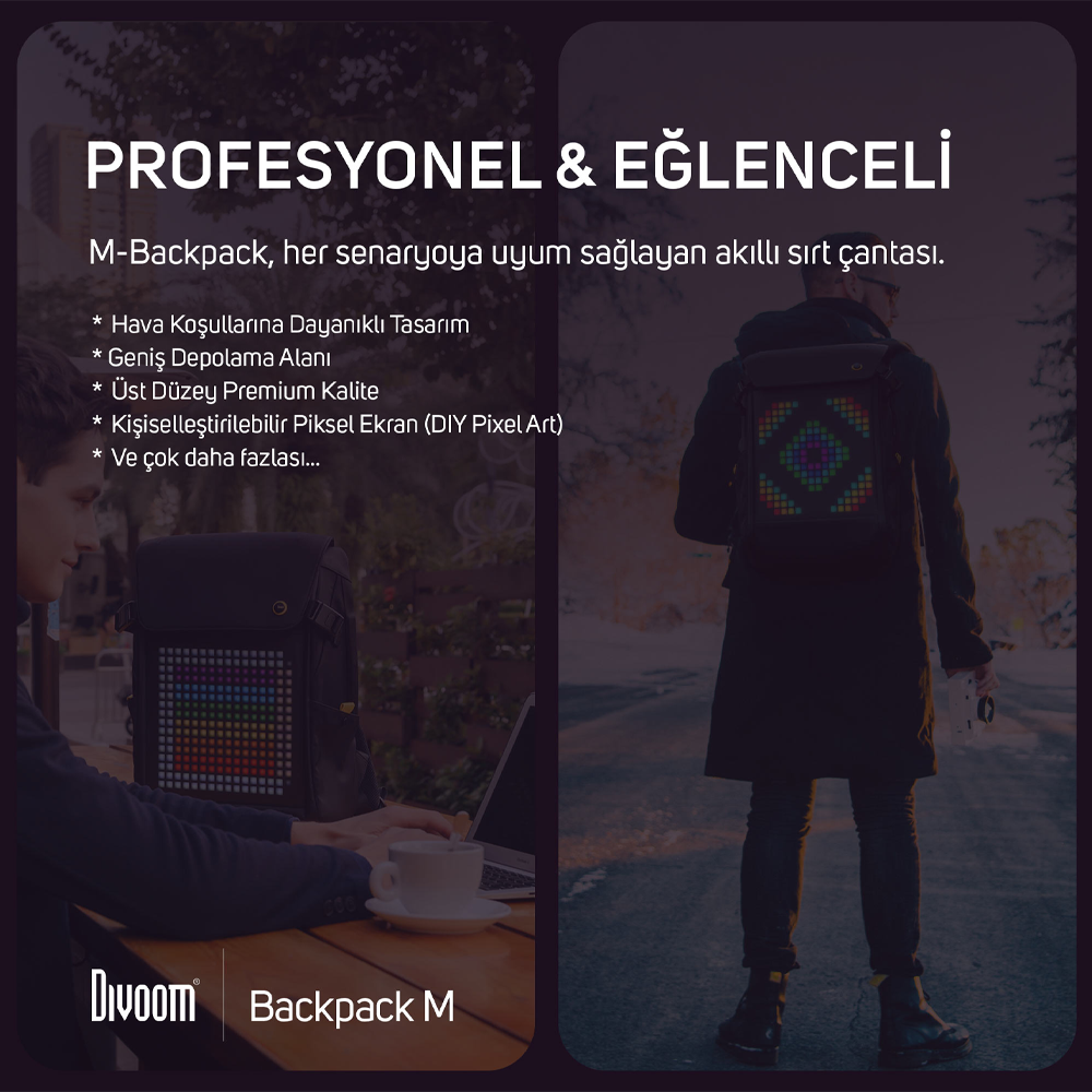 Divoom Pixoo M Ledli Ekran APP Kontrollü Akıllı Siyah Sırt Çantası