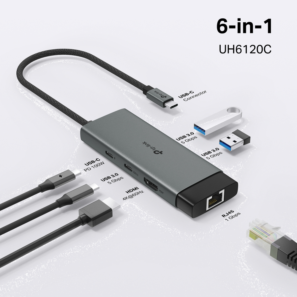 TP-LINK UH6120C 4K/60Hz HDMI GİGABİT Ethernet 2xUSB-A 1xType-C 1XRJ45 1xPD 100W Çevirici Çoklayıcı Hub