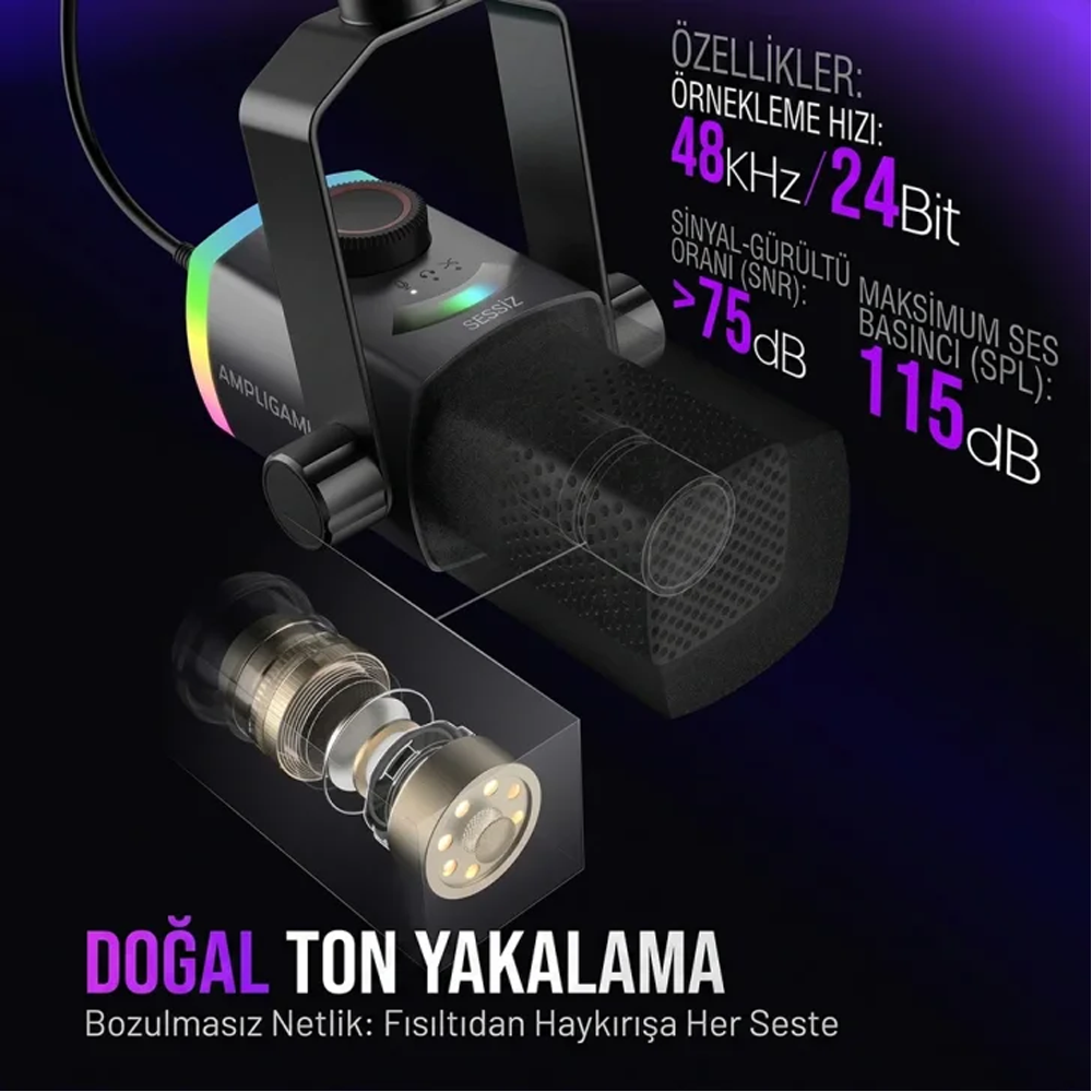 Fifine Ampligame AM8PROT XLR/USB RGB Dinamik Beyaz Mikrofon Seti
