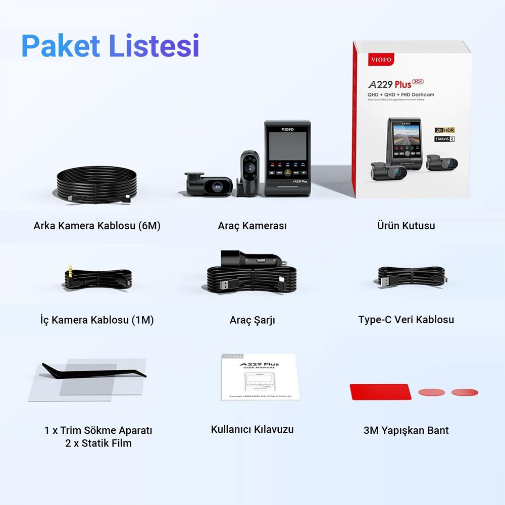 VIOFO A229 Plus 2K 1080P 3 Kameralı HDR Sony Starvis 2 Sensörlü Wİ-Fi GPS'li Araç Kamerası