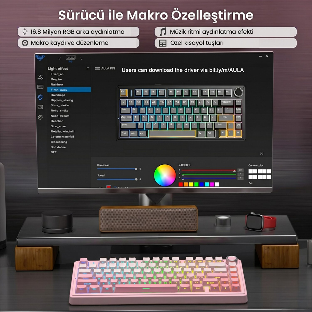 Aula F75 Cotton Candy Switch Hot Swap TKL RGB Pembe Kablosuz Mekanik Gaming Klavye