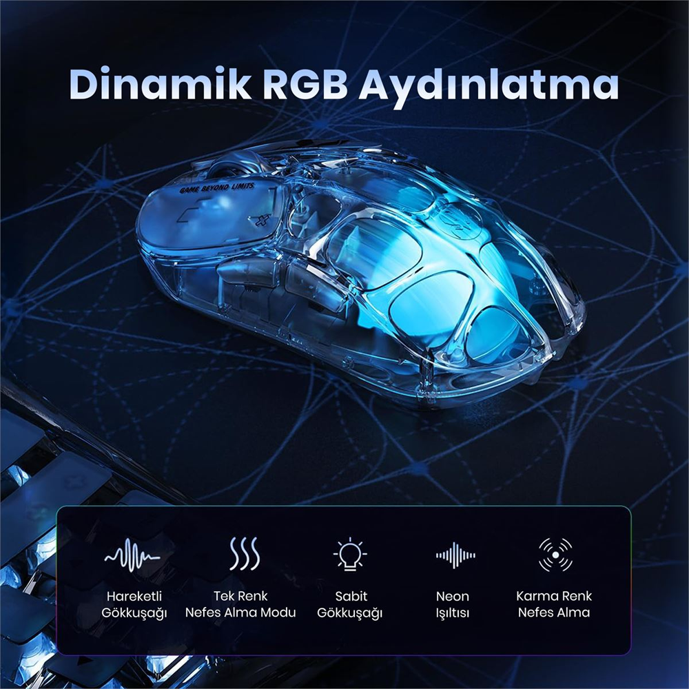 GravaStar Mercury X Air RGB 32000 DPI 8000Hz Onyx Crystal Kablosuz Gaming Mouse