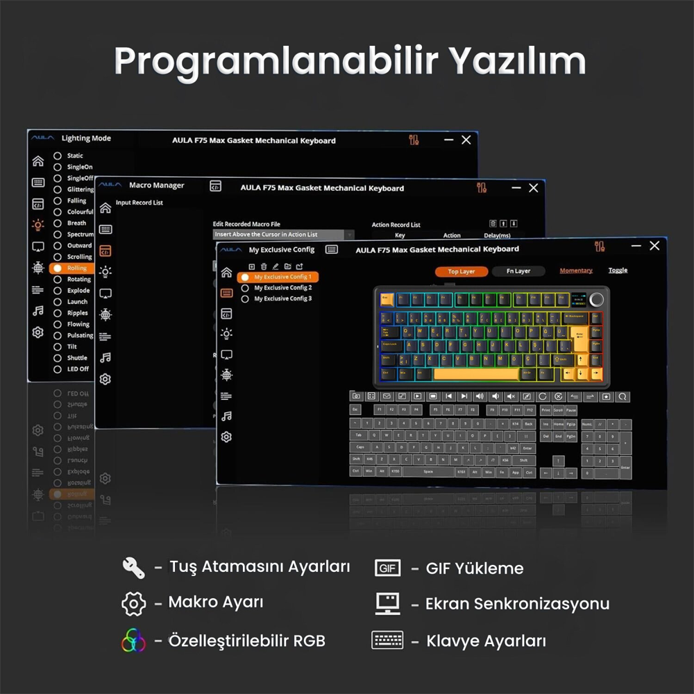 Aula F75 Max GrayWood V4 Switch Hot Swap RGB TKL Siyah Türkçe Kablosuz Mekanik Gaming Klavye