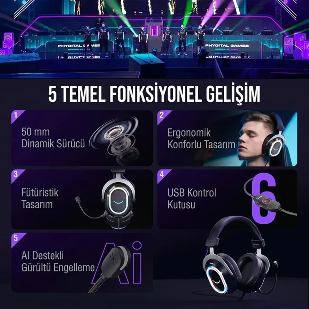 Fifine Ampligame H13 Mikrofonlu 7.1 RGB Beyaz Gaming Kulaklık