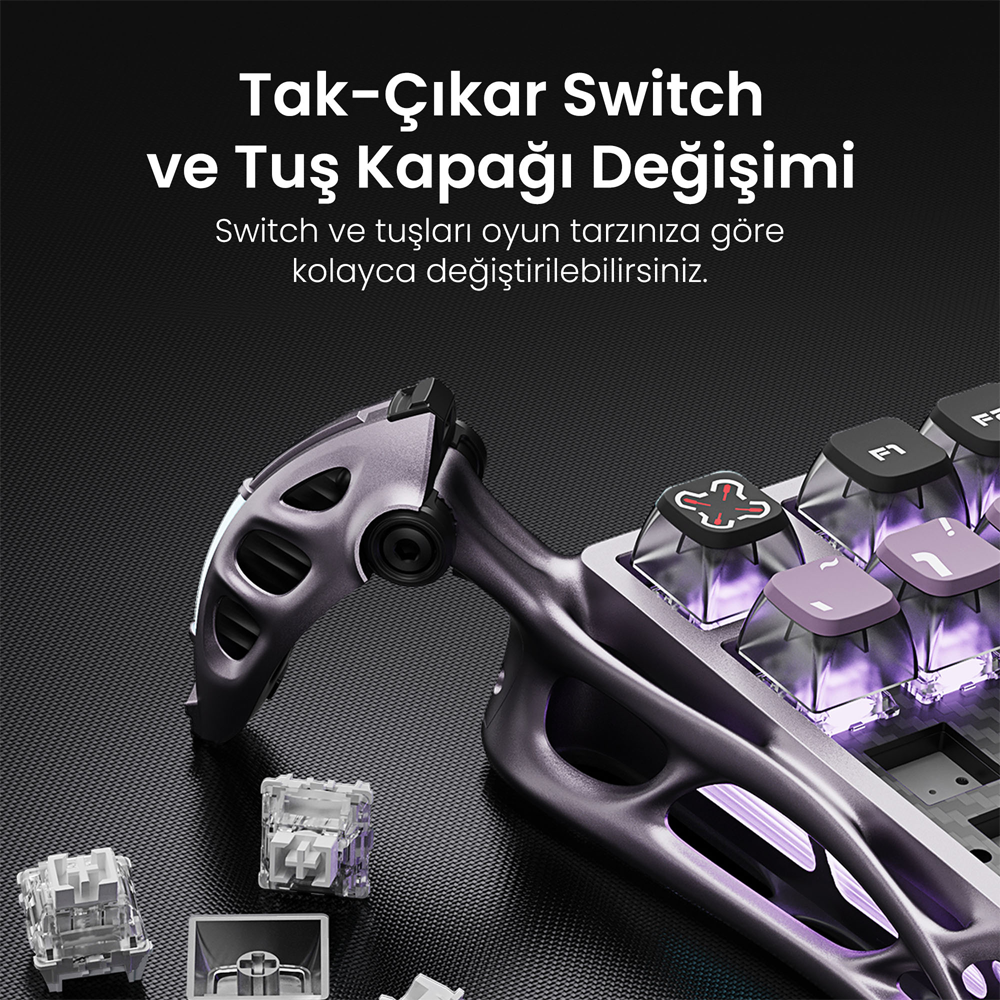 GravaStar Mercury V75 Pro HE RGB Hall Effect Manyetik Switch İngilizce Q Iron Purple Kablolu Gaming Klavye