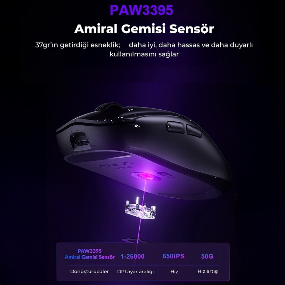 Aula SC800 Lightweight PAW3395 26000 DPI 8000Hz Kablosuz Siyah Gaming Mouse