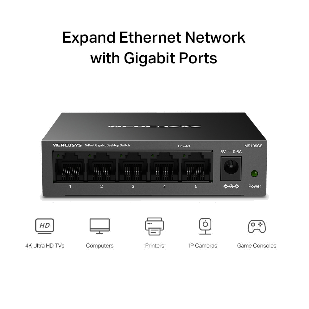 Mercusys MS105GS 5-Port 10/100/1000 Mbps Masaüstü Switch