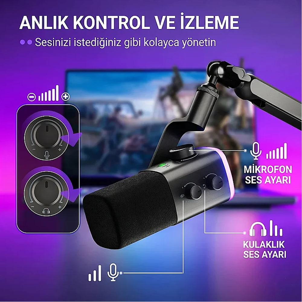 Fifine Ampligame AM9 XLR USB RGB Hibrit Yayıncı Mikrofonu