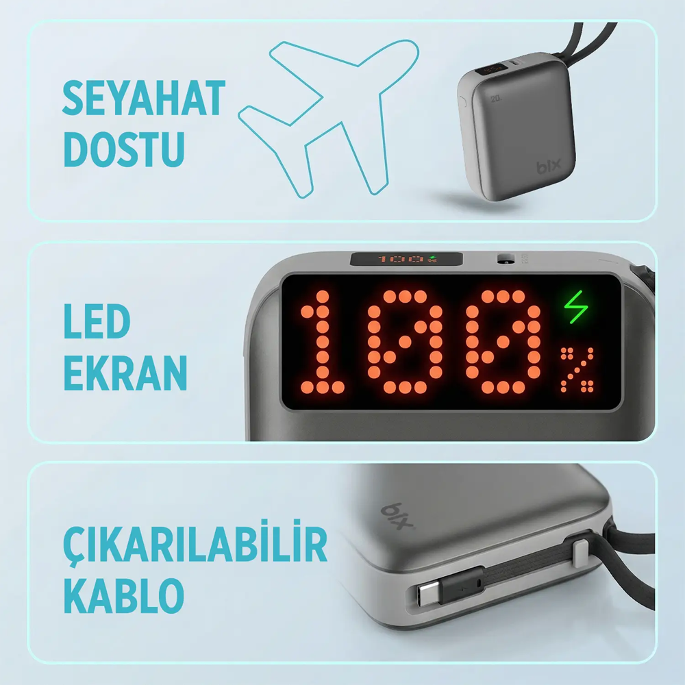 BIX PB119 20W 10000mAH USB-C Cep Boyu Taşınabilir Gri Hızlı Şarj Powerbank