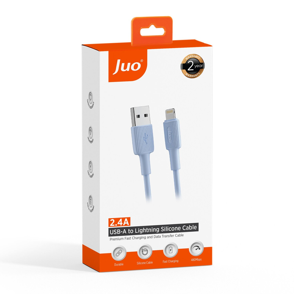 Juo 12W 2.4A USB-A Lightning İphone İpad Silikon Mavi Data Ve Hızlı Şarj Kablosu 1 Metre