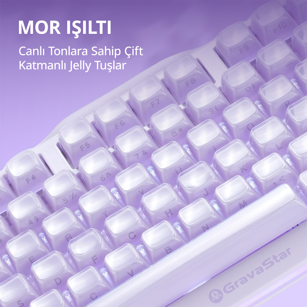 GravaStar Mercury K1 RGB Linear Key Switch İngilizce Q Ice Lavender Purple Kablosuz Gaming Klavye