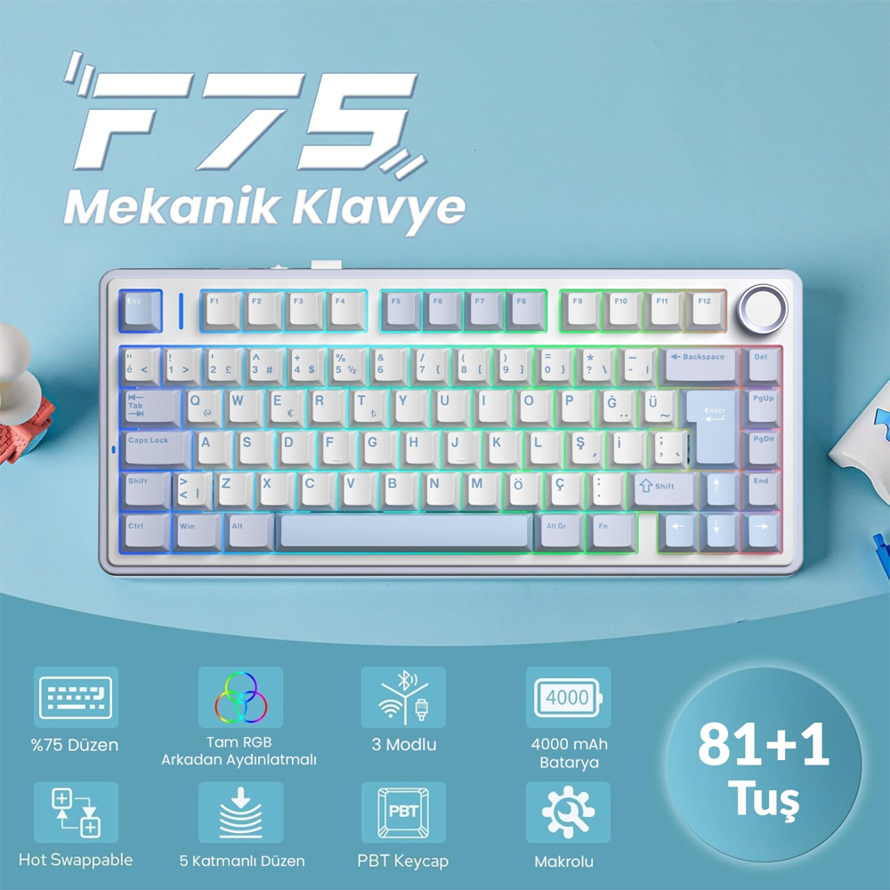 Aula F75 GrayWood V4 Switch Hot Swap RGB Buz Mavisi Kablosuz Gaming Klavye