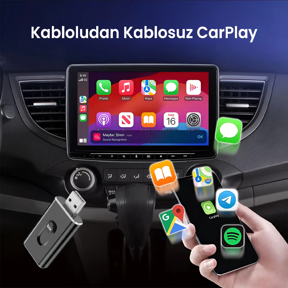 Bix CB02 WIFI CarPlay Android Auto USB-A USB-C Kobloludan Kablosuza Çevirici Hibrit Adaptör