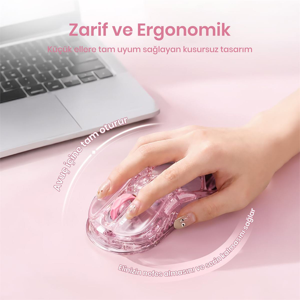 GravaStar Mercury M2 RGB 26000 DPI 1000Hz Crystal Rose Kablosuz Gaming Mouse