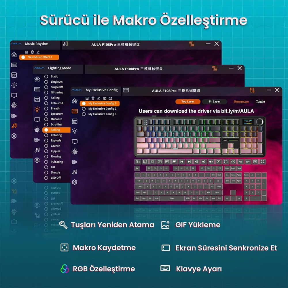 Aula F108 Pro Manyetik Switch Hot Swap RGB Gradyan Pembe Kablosuz Gaming Klavye