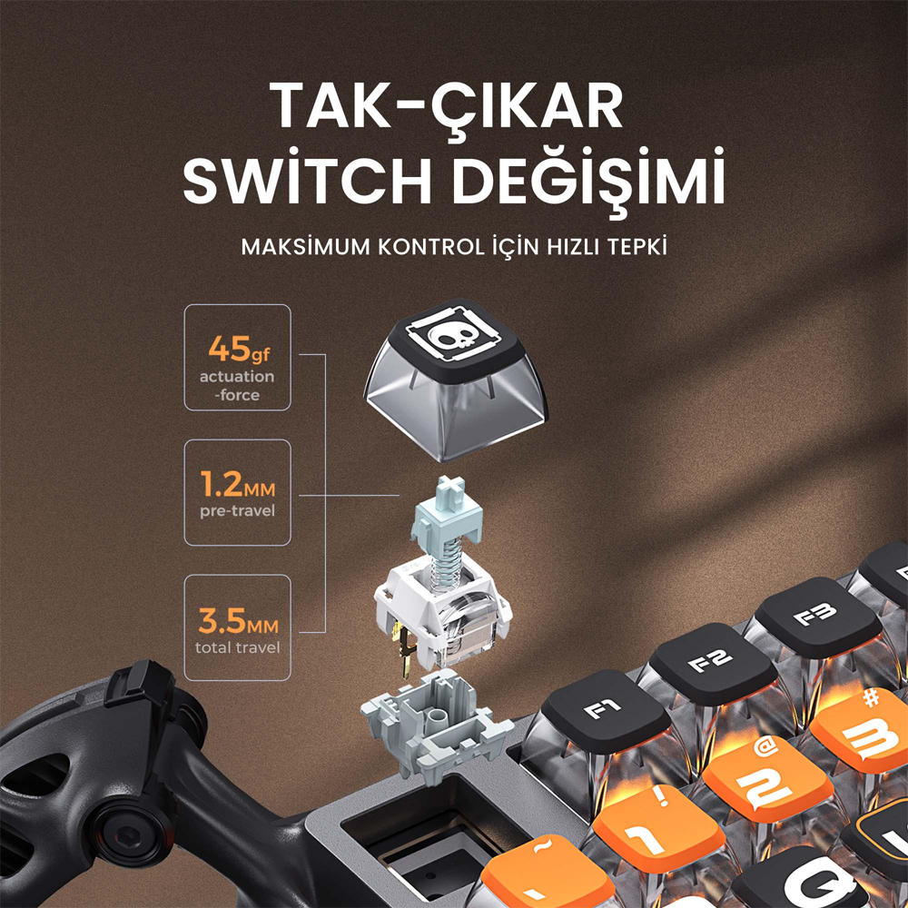 GravaStar Mercury K1 Pro RGB Lineer Switch İngilizce Q CyberFlare Kablosuz Gaming Klavye