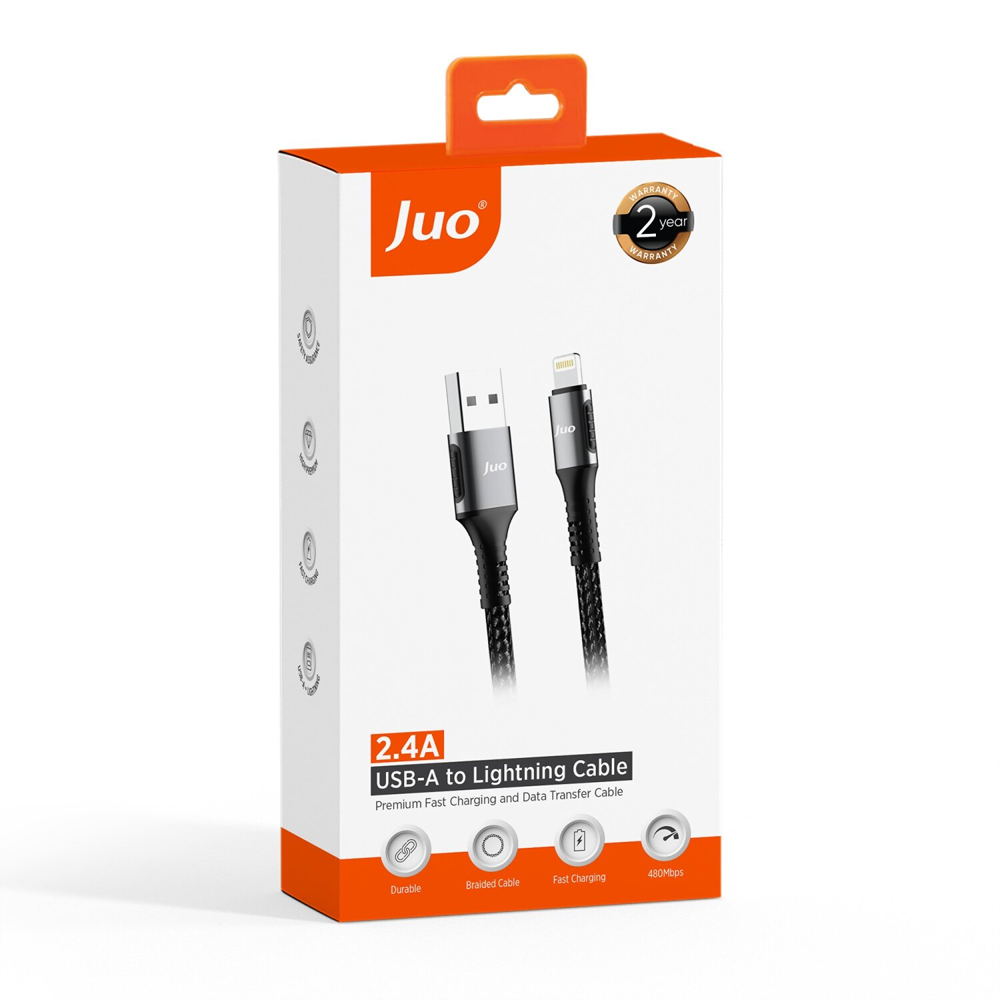 Juo 12W 2.4A USB-A Lightning İphone İpad Örgülü Siyah Data Ve Hızlı Şarj Kablosu 1 Metre